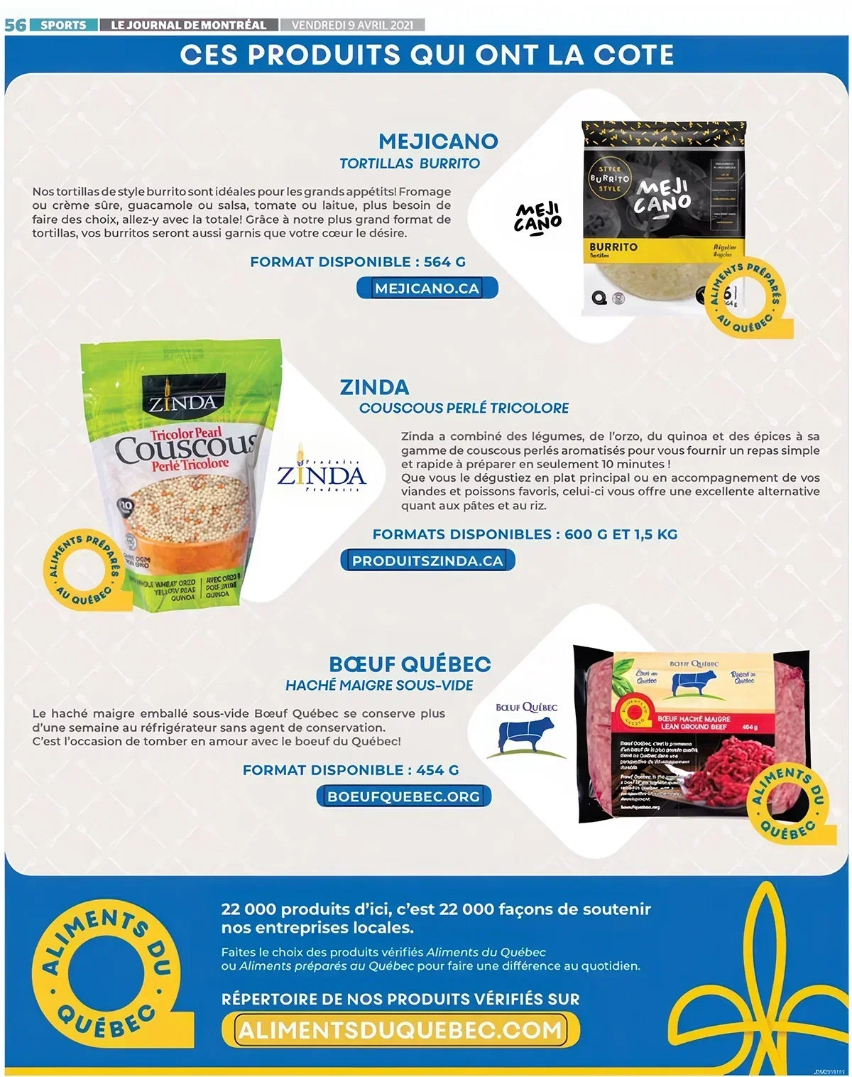 Article du Journal de Montréal présentant des produits québécois dont le couscous perlé tricolore Zinda