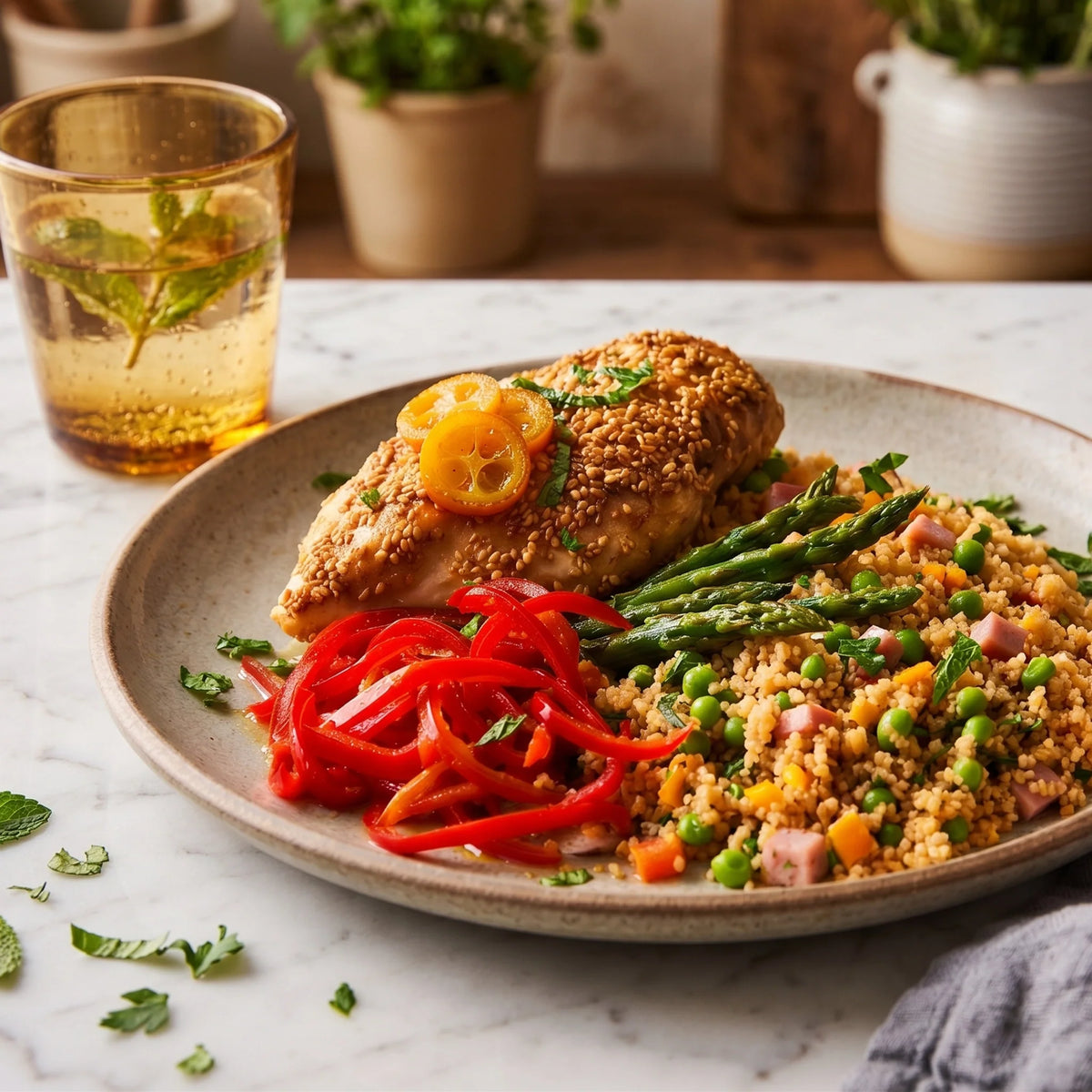 Poulet au sésame avec jambon et couscous de blé entier