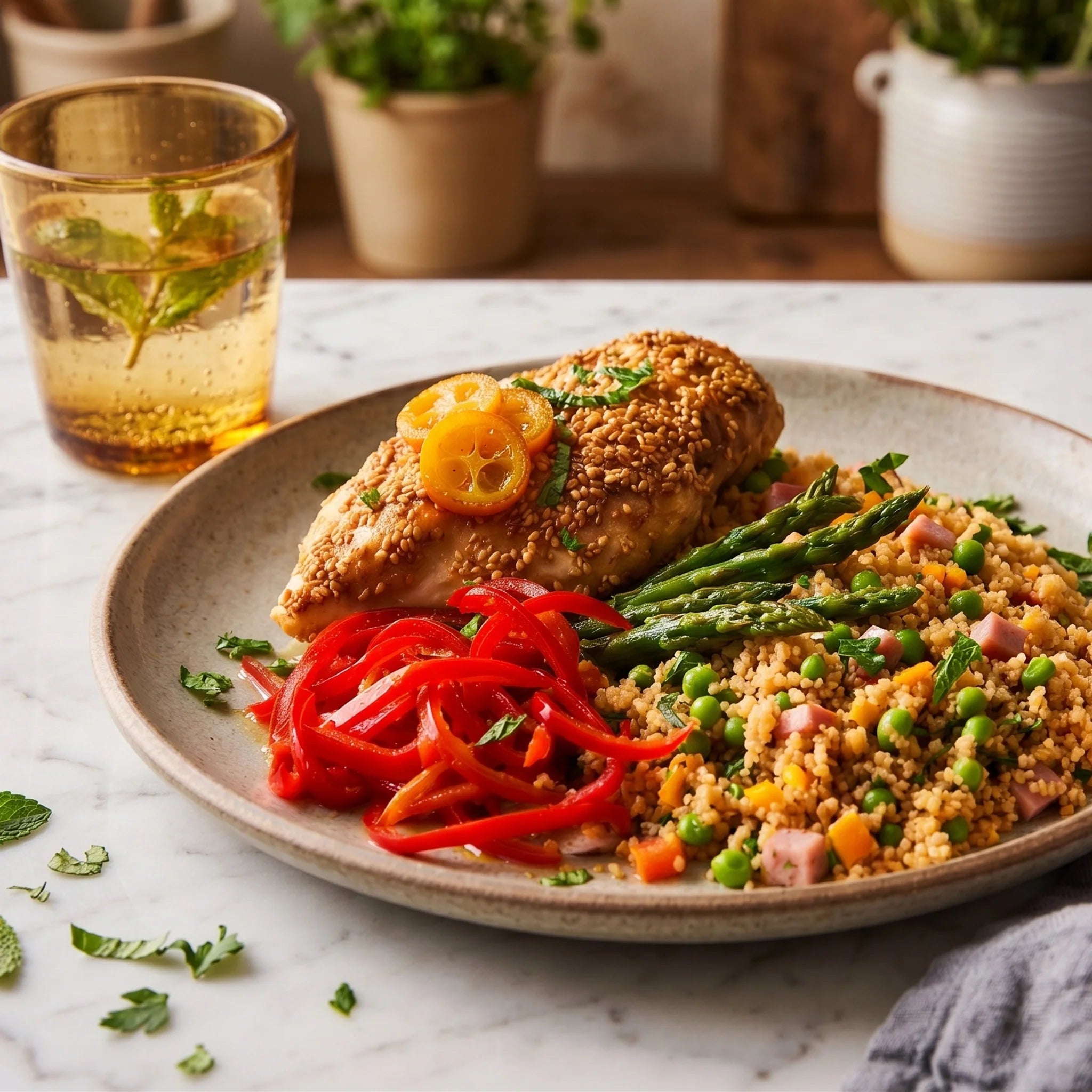 Poulet au sésame avec jambon et couscous de blé entier