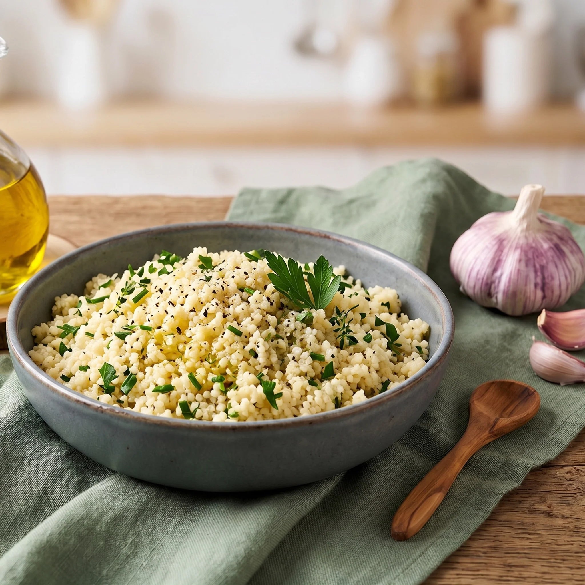 Salade de couscous à l’ail rôti et basilic avec arachides