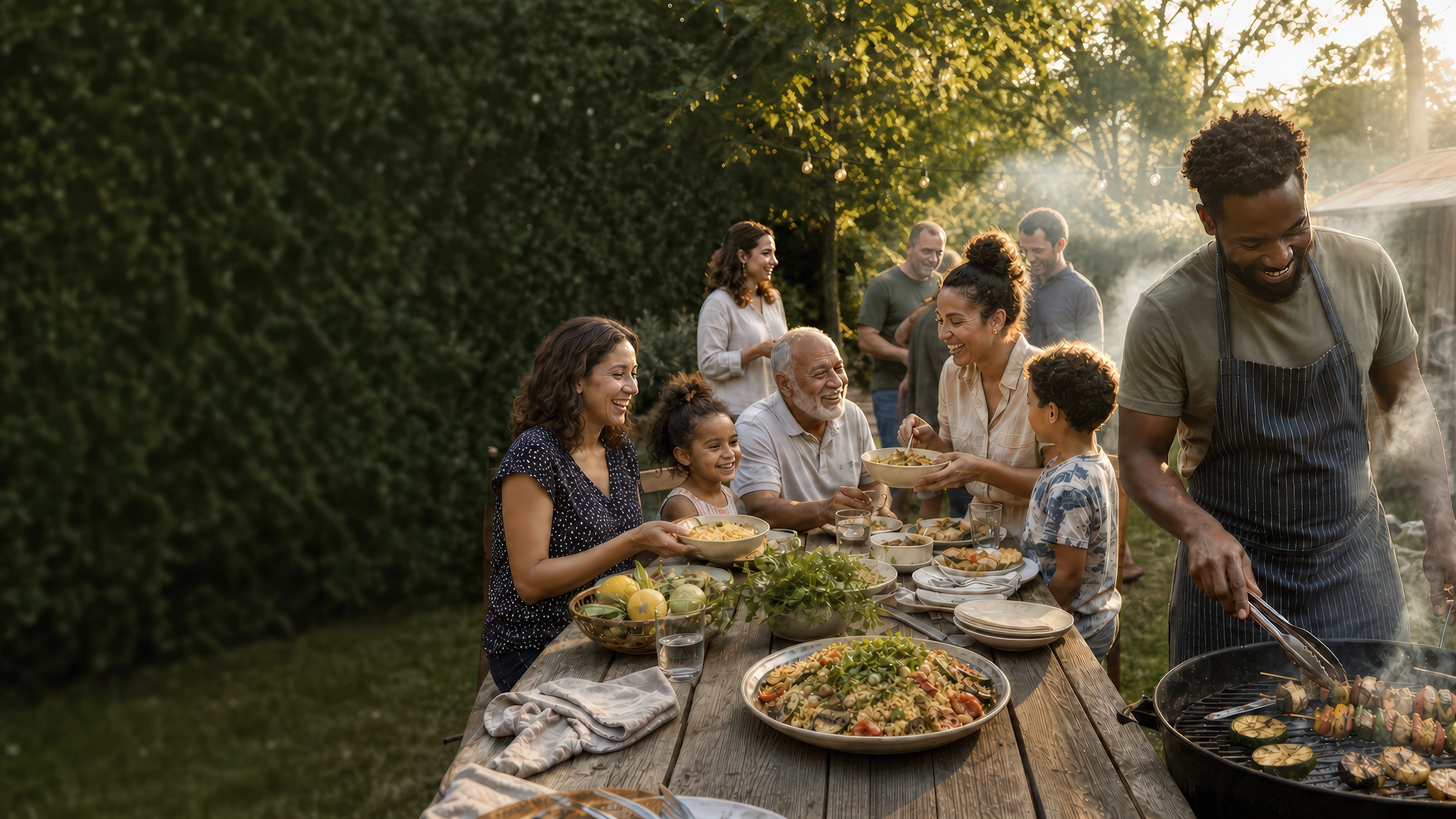 Barbecue familial à l'extérieur avec salade d'orzo 