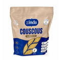Sachet refermable à base bleue de couscous moyen Zinda (907g), affichant une cuisson rapide en 2 minutes, et les certifications "Aliments préparés au Québec", végane et sans OGM.