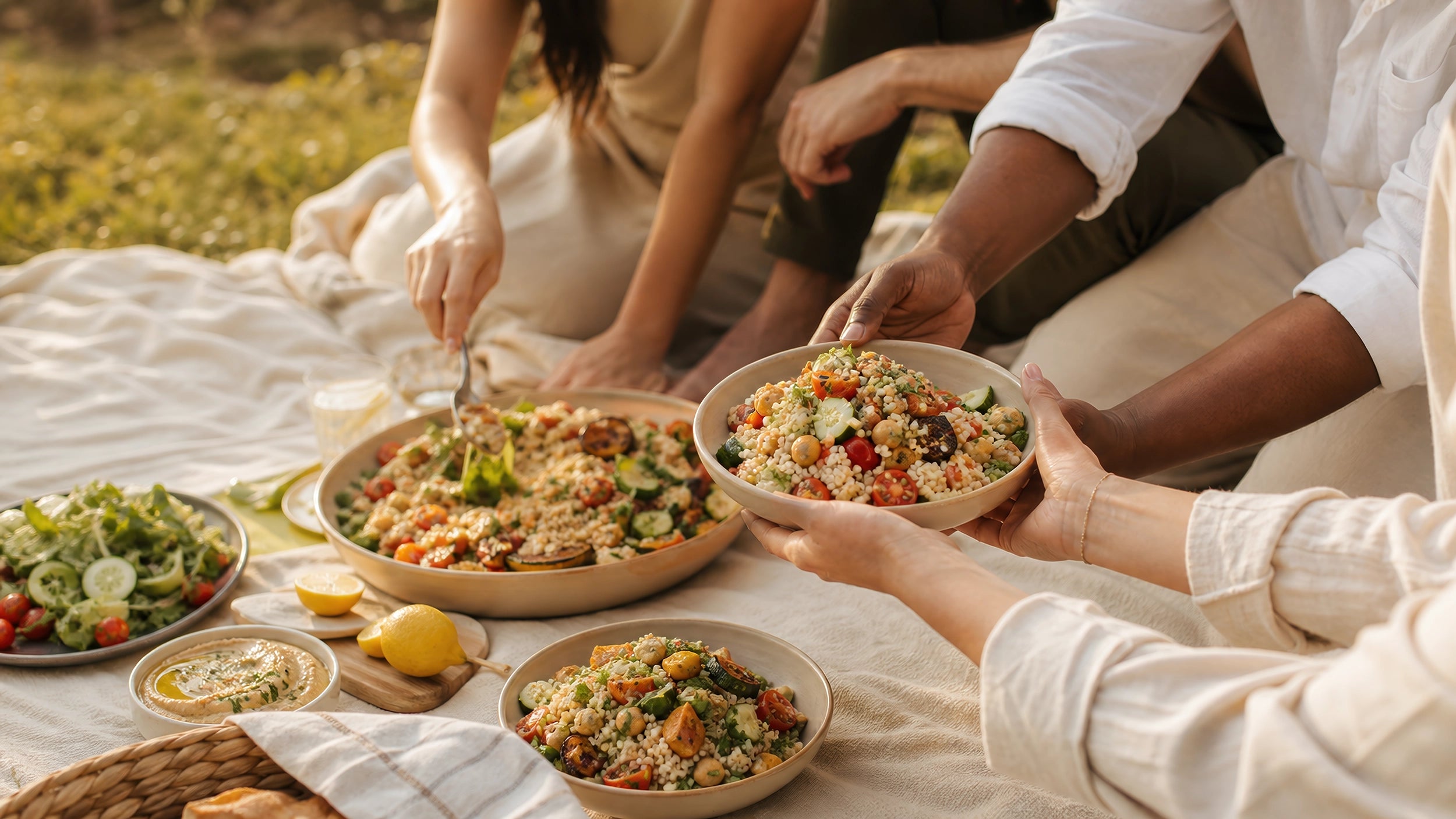 Pique-nique entre amis avec salade de couscous Zinda